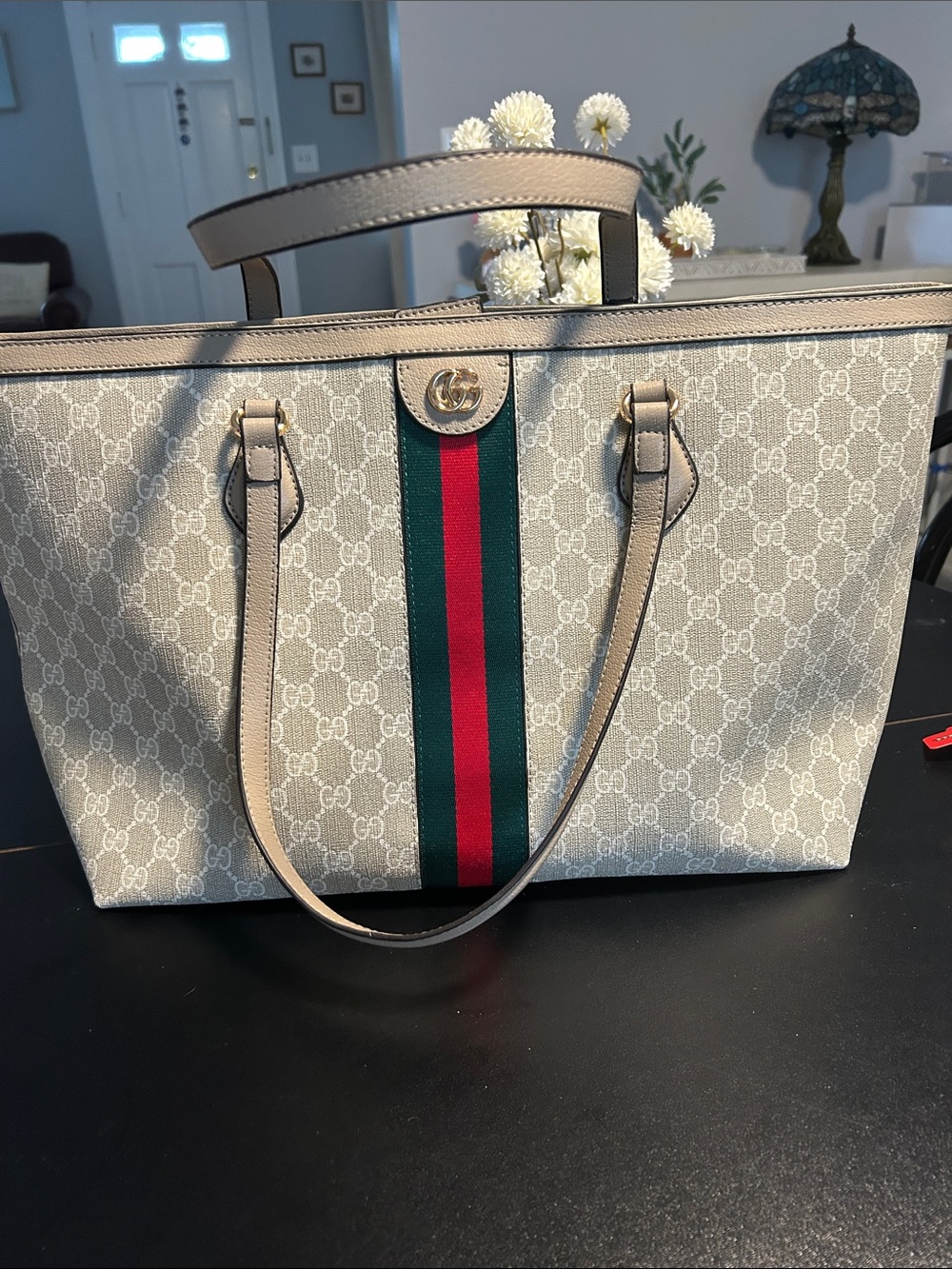 Source Unknown Beige Logo-Print Tote with Green and Red Stripe